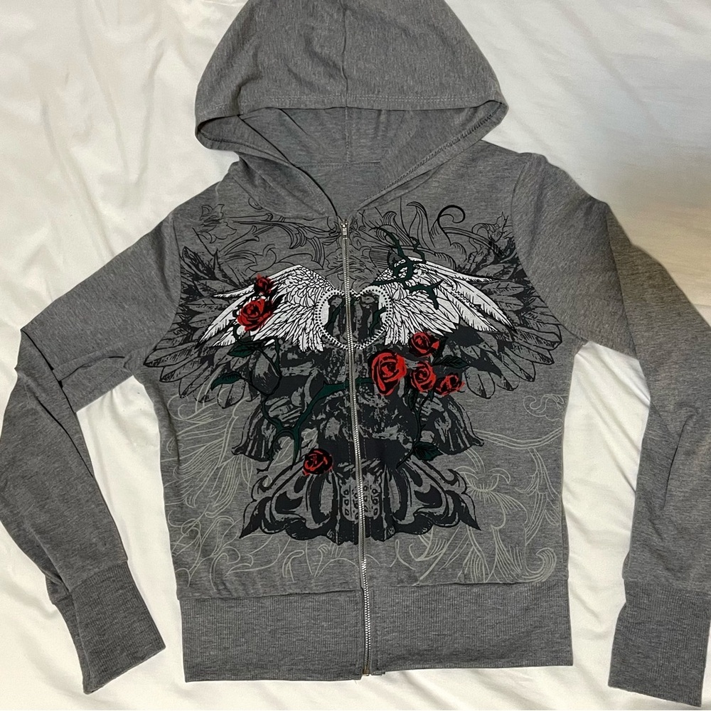 Grey Graphic Angel Wings Roses Heart Zip-up Hoodie Sweater Y2K Emo Scene Grunge